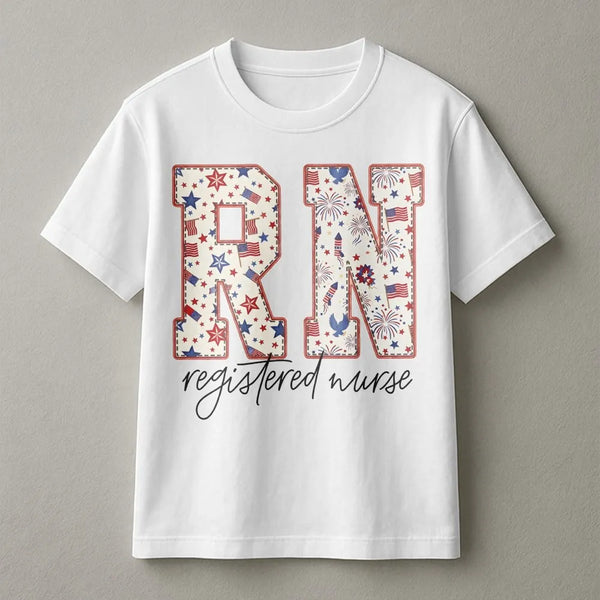 Patriotic RN T-Shirt | USA Flag Fireworks Graphic Tee | Soft Cotton Shirt | Gift for Registered Nurse