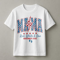 Pregnancy Announcement T-Shirt | Patriotic Red White and Due Mama Graphic | Soft Cotton Tee | 4th of July Baby Shower Gift
