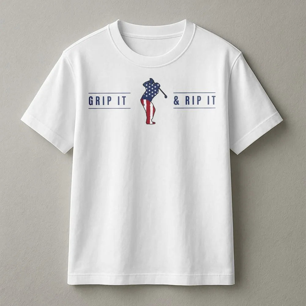Grip It & Rip It T-Shirt | American Flag Golfer Graphic | Soft Cotton Tee | Patriotic Golf Gift for Men, Dad