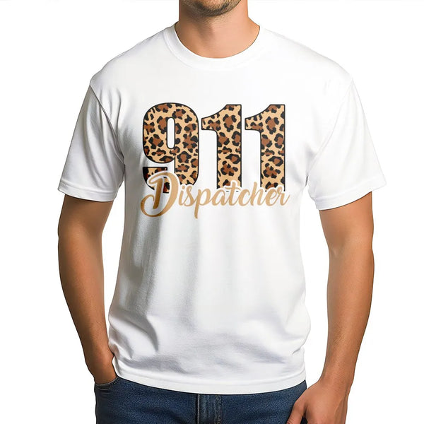 911 Dispatcher T-Shirt | Leopard Print Graphic Tee | Soft Cotton Apparel | Gift for Emergency Operator