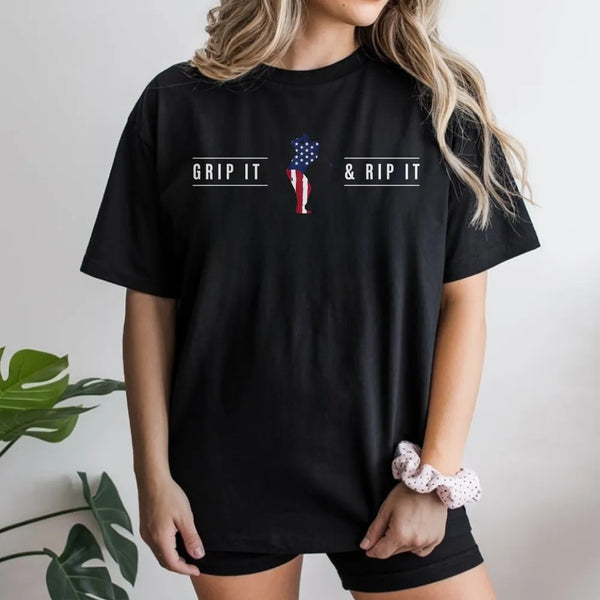 Grip It & Rip It T-Shirt | American Flag Golfer Graphic | Soft Cotton Tee | Patriotic Golf Gift for Men, Dad