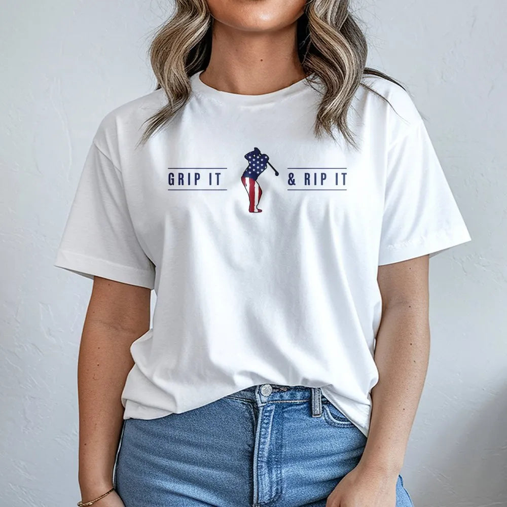 Grip It & Rip It T-Shirt | American Flag Golfer Graphic | Soft Cotton Tee | Patriotic Golf Gift for Men, Dad