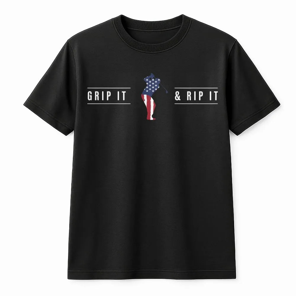 Grip It & Rip It T-Shirt | American Flag Golfer Graphic | Soft Cotton Tee | Patriotic Golf Gift for Men, Dad