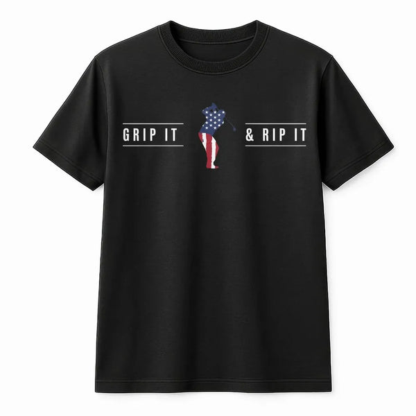 Grip It & Rip It T-Shirt | American Flag Golfer Graphic | Soft Cotton Tee | Patriotic Golf Gift for Men, Dad