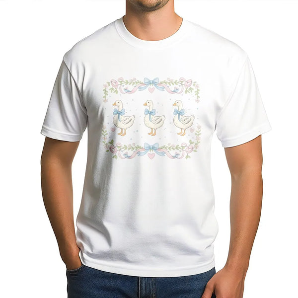 Cute Goose T-Shirt | Cottagecore Floral Bow Design | 100% Soft Cotton Tee | Retro Animal Lover Gift for Her