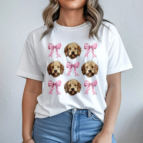 Goldendoodle T-Shirt | Cute Pink Bow Pattern Graphic | Premium Soft Cotton | Dog Mom Gift For Her