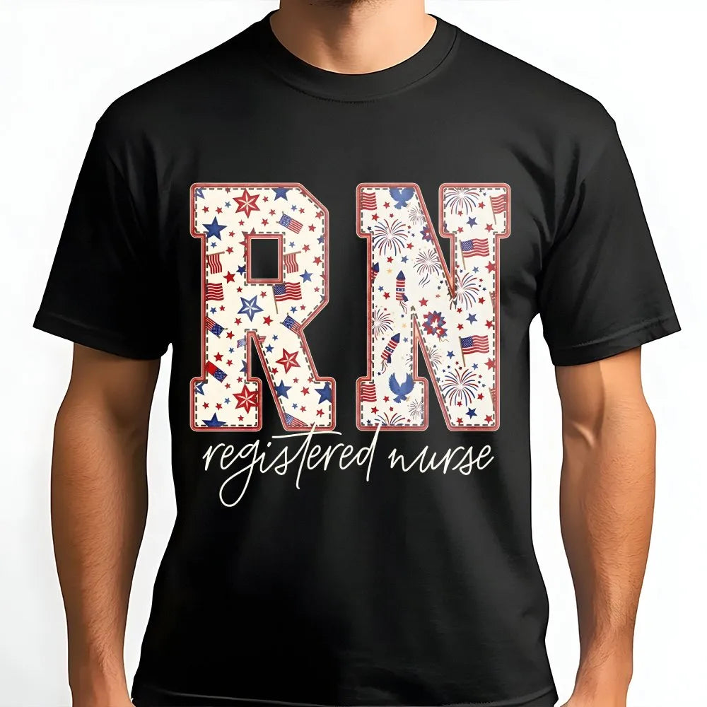 Patriotic RN T-Shirt | USA Flag Fireworks Graphic Tee | Soft Cotton Shirt | Gift for Registered Nurse