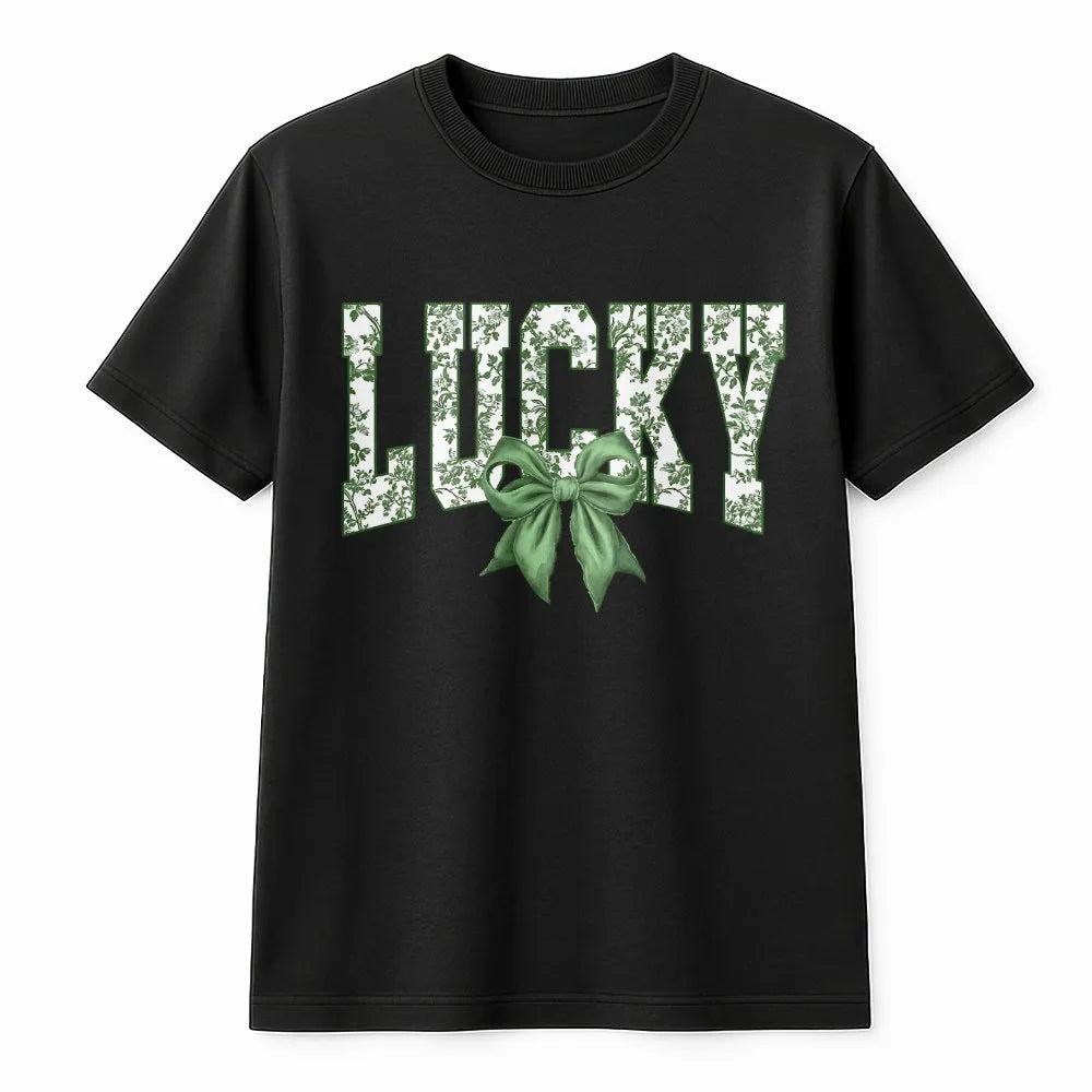 Lucky T-Shirt | Coquette Bow Floral Print | Premium Soft Cotton Tee | St Patricks Day Gift For Her