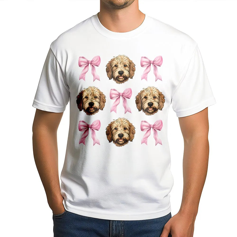 Goldendoodle T-Shirt | Cute Pink Bow Pattern Graphic | Premium Soft Cotton | Dog Mom Gift For Her