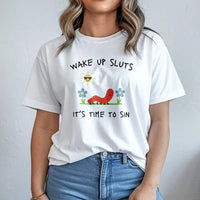 Funny Meme Worm Sweatshirt | Wake Up Sluts It's Time To Sin Graphic | Soft Cotton Blend | Sarcastic Unhinged Humor Gift