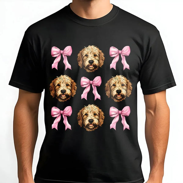 Goldendoodle T-Shirt | Cute Pink Bow Pattern Graphic | Premium Soft Cotton | Dog Mom Gift For Her