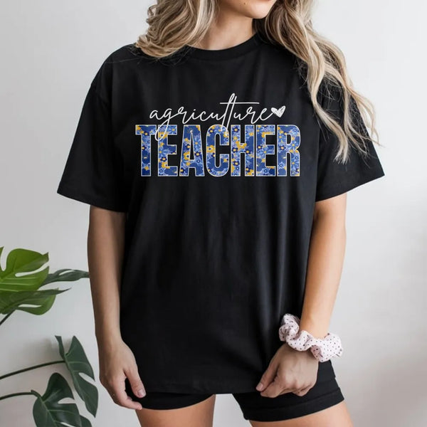 Agriculture Teacher T-Shirt | Blue Floral Print Design | Premium Cotton Blend | Gift for Ag Educator