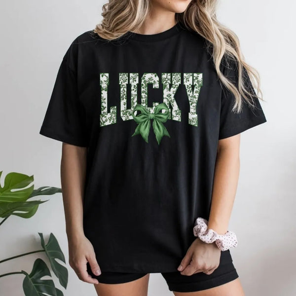 Lucky T-Shirt | Coquette Bow Floral Print | Premium Soft Cotton Tee | St Patricks Day Gift For Her