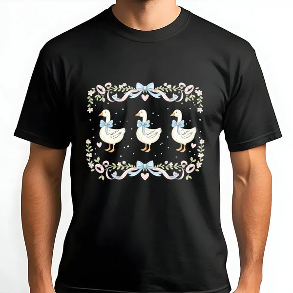 Cute Goose T-Shirt | Cottagecore Floral Bow Design | 100% Soft Cotton Tee | Retro Animal Lover Gift for Her