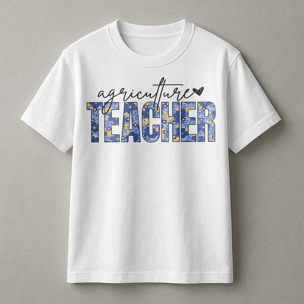 Agriculture Teacher T-Shirt | Blue Floral Print Design | Premium Cotton Blend | Gift for Ag Educator