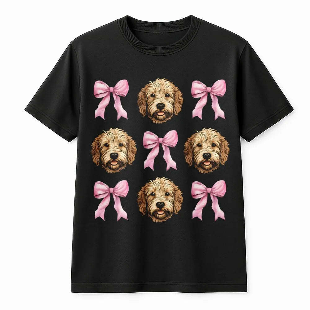 Goldendoodle T-Shirt | Cute Pink Bow Pattern Graphic | Premium Soft Cotton | Dog Mom Gift For Her